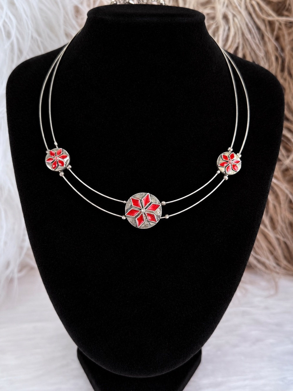 Vintage Silver Tone Red Floral Double Strand Statement Necklace